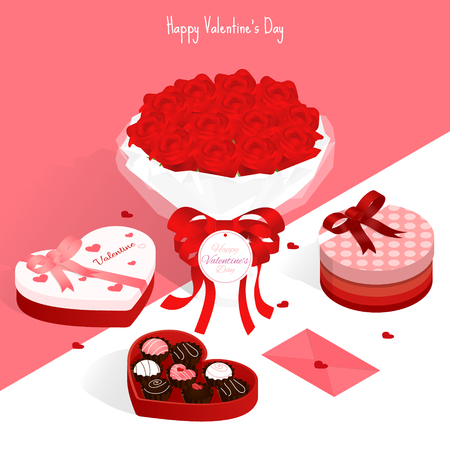 happy valentine's day,isometric valentine rose chocolate gift box love card vectorのイラスト素材