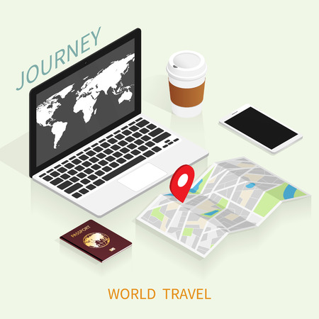 isometric online booking ,passport world map,trip plan travel vectorのイラスト素材