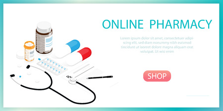 isometric medicine pills bottle,online pharmacy vectorのイラスト素材
