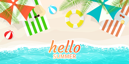 happy summer,beach blue wave,umbrella beach balls swim ring vectorのイラスト素材