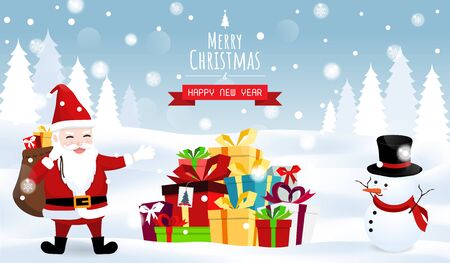 Merry Christmas and Happy New year, Santa snow man gift boxes vectorのイラスト素材