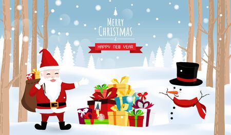 Merry Christmas and Happy New year, Santa snow man gift boxes vectorのイラスト素材