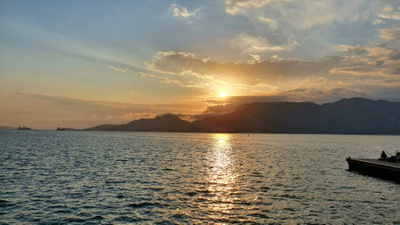 beautiful sunset on the pierの写真素材