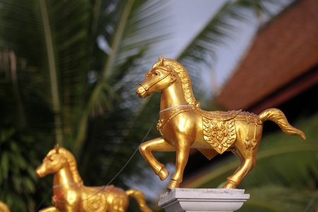 Golden horses sculpture of templeの写真素材