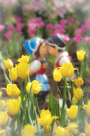 Two kissing dolls in tulip gardenの写真素材