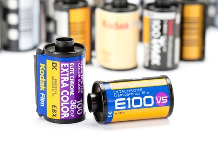 Chiang Mai, Thailand - July 20 : Type of 35mm Kodak camera Film rolls on a white background on Jul 20, 2012 in Chiang Mai, Thailand.  Kodak camera films are made by Eastman Kodak Company at Rochester, New York, United States.のeditorial素材