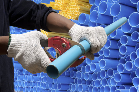 Worker cut pvc pipe in construction site