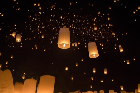 Floating asian lanterns in Yee-Peng festival ,Chiang Mai Thailan の写真素材