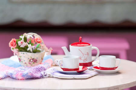 Tea cup on wooden tableの写真素材