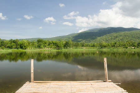 Bamboo jetty walkway pier at the lake の写真素材