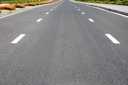 Traffic symbol on surface road with red flowers の写真素材
