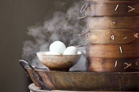 Boiled eggs breakfast in the street, Chinaの写真素材
