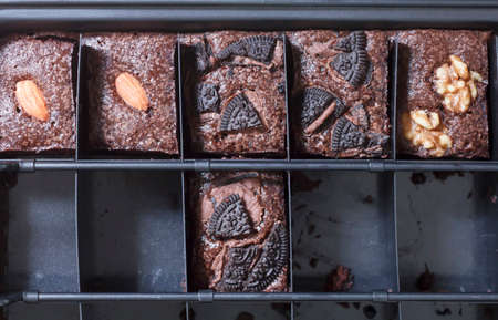 Fresh brownie in trayの写真素材