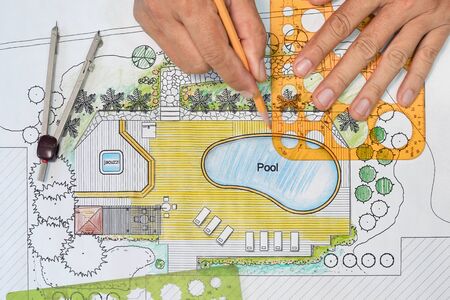 Landscape Architect Designs Backyard Plan with Pool For Luxury Villa.の写真素材