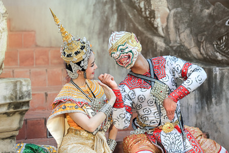 Hanuman and Suvannamaccha in mask dance Ramayana dramaの写真素材