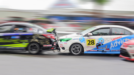 CHIANG MAI THAILAND - SEPTEMBER 18 : Race car's rear-end collisions. The Totota motorsport racing round 3 on Sep 18, 2016 in sport complex Chiang Mai, Thailand.のeditorial素材