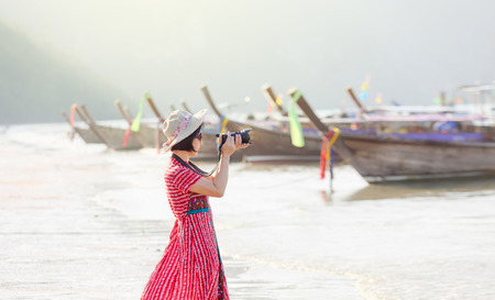 Tourist woman enjoying travel vacation in Krabi, Thailand.の写真素材