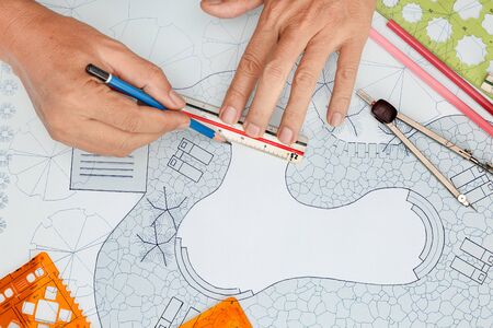 Blueprint Landscape architect design backyard plan for villaの写真素材
