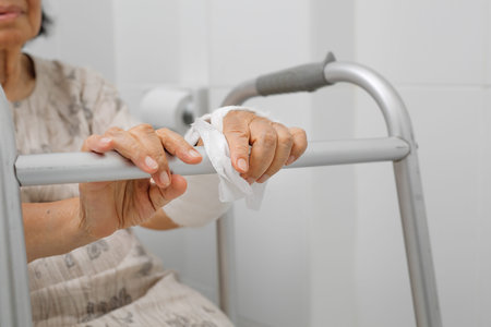 Senior woman with broken arm using the toilet with walker.の写真素材