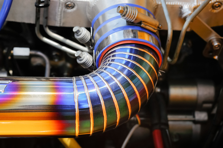 Tig welded seam on stainless steel pipe in racing car.の写真素材