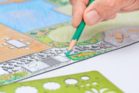 Backyard garden and pool design plan for villa.の写真素材