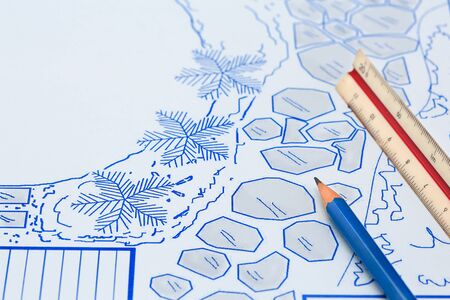 Blueprint backyard garden and pool design plan for villa.の写真素材