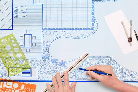Blueprint backyard garden and pool design plan for villa.の写真素材
