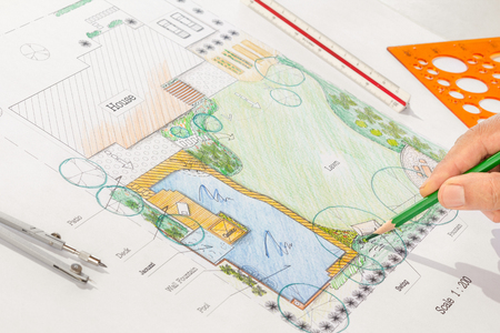 Landscape Architect design water garden plans for backyardの写真素材