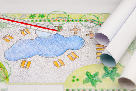 Landscape architect design backyard pool plan for resort