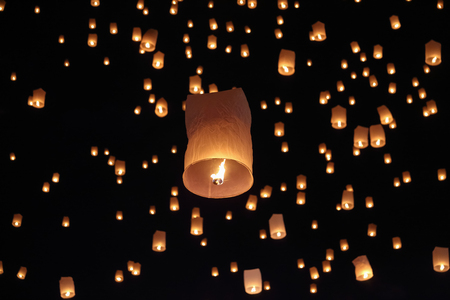 Tourist floating sky lanterns in Loy Krathong festival , Chiang Mai ,Thailand.の写真素材