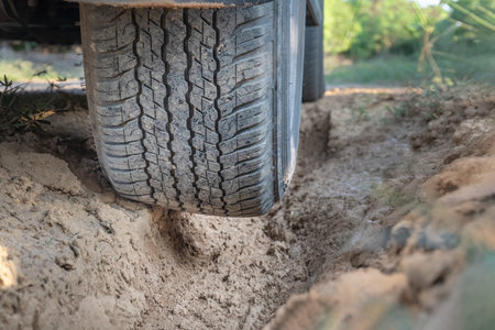 Off road tire on dirt trackの写真素材