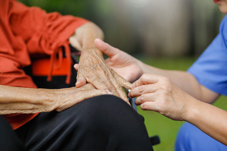 elderly woman happiness talking with caregiver