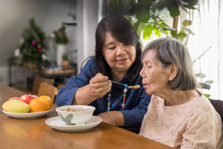 Daughter feeding elderly mother with soup.の写真素材