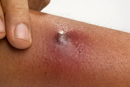 The patient had an abscess on his arm that was scratched by a cat.の写真素材