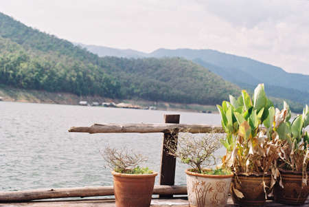 old nature mountain and river view vintage film scanの写真素材