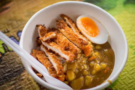 curry sauce with fired pork boiled egg with riceの写真素材