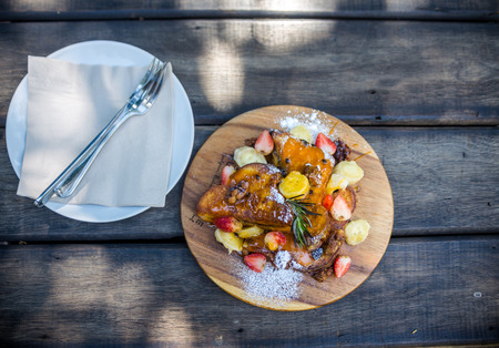 French Toast Recipe on wooden tray in nature atmosphereの写真素材