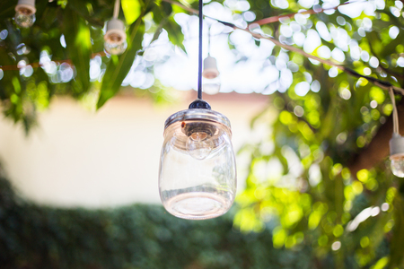 DIY light bulbs in gardenの写真素材