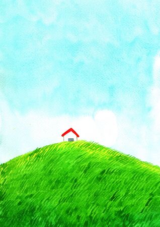 House at green grass meadow with cloud sky watercolor hand painting background.の写真素材