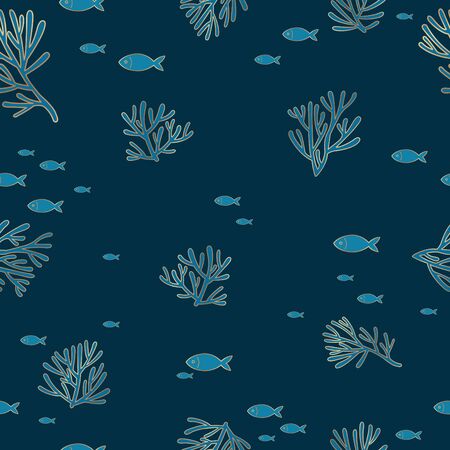 School of fish with coral reef border in Classic blue and gold color vector background for decoration on summer events.のイラスト素材
