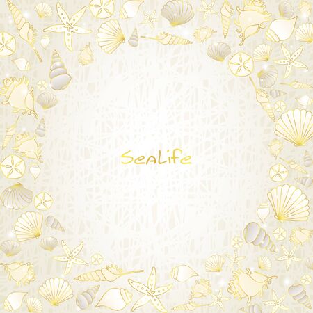 Seashell and starfish gold color doodle on cream color background.のイラスト素材