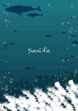 Whale, school of fish, jelly fish and coral in deep sea background for decoration on summer festival.のイラスト素材