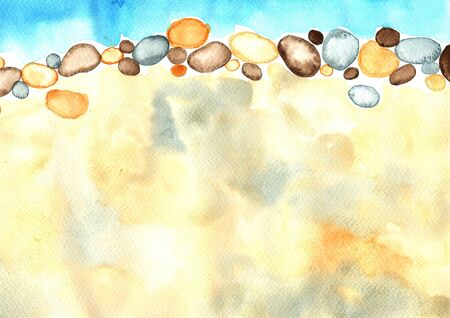 river shore with water, rock reef and sand watercolor hand painting background.の写真素材