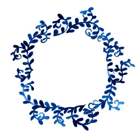 Indigo blue ivy circle wreath frame watercolor hand painting.の写真素材