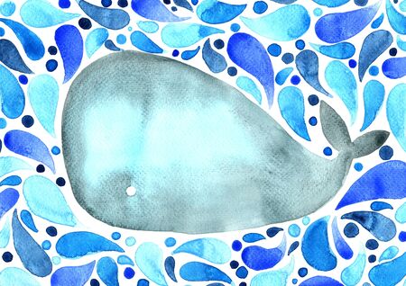 Abstract whale swimmimg in the ocean watercolor hand painting frame background for decoration on summer holiday.の写真素材