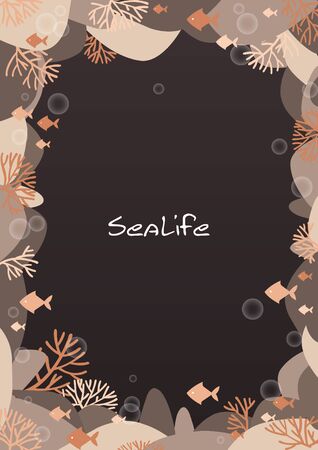 Orange corals and fish in the sea at night frame vector for decoration on summer and autumn seasonal.のイラスト素材