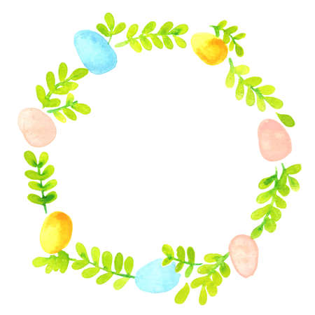 Pastel eggs and fern wreath watercolor hand painting for decoration on Easter festival.のイラスト素材