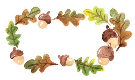 Oak leave and oak seed frame background watercolor hand painting for decoration on Autumn, spring and natural theme concept.のイラスト素材