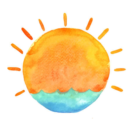 Ocean wave and sunrise morning banner watercolor hand painting for deocration on sea and summer holiday concept.のイラスト素材