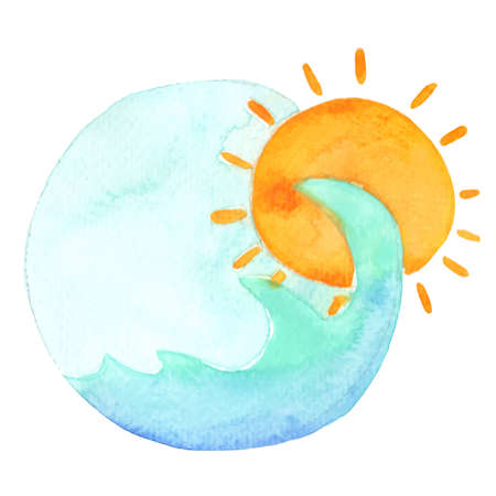Ocean wave and sunrise morning banner watercolor hand painting for deocration on sea and summer holiday concept.のイラスト素材
